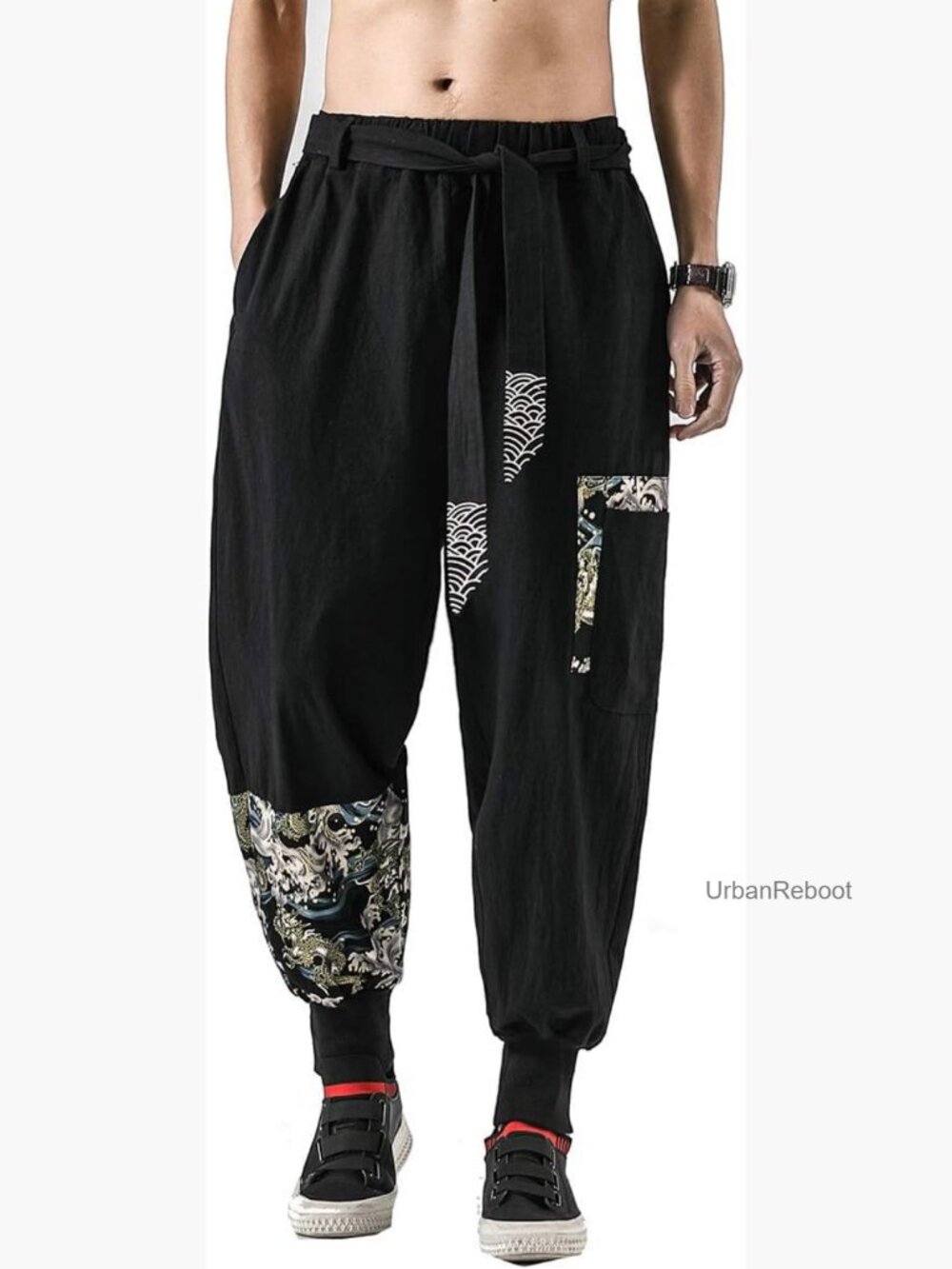 Men's Linen Harem Pants Casual Loose Baggy Cotton Drawstring Button Elastic
